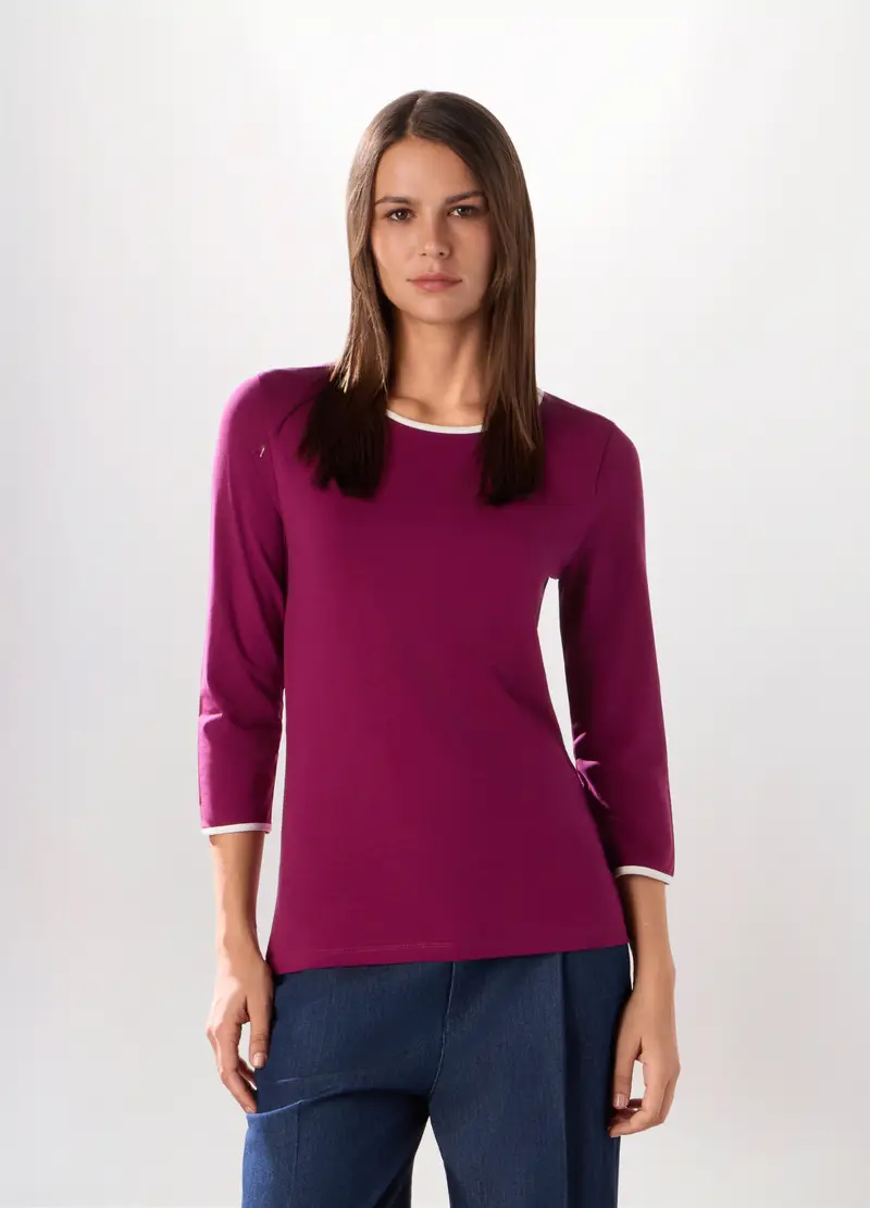 T-shirt In Jersey Di Cotone Stretch Donna, Rosa ciclamino