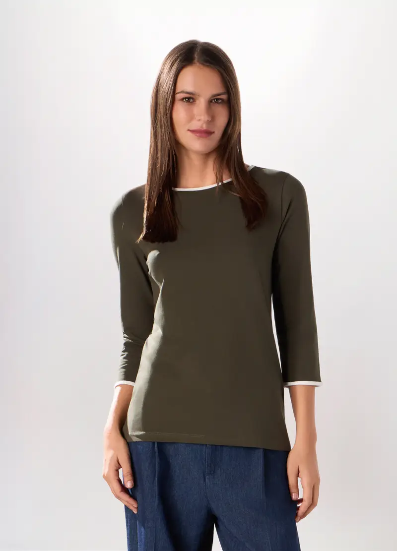 T-shirt In Jersey Di Cotone Stretch Donna, Verde scuro