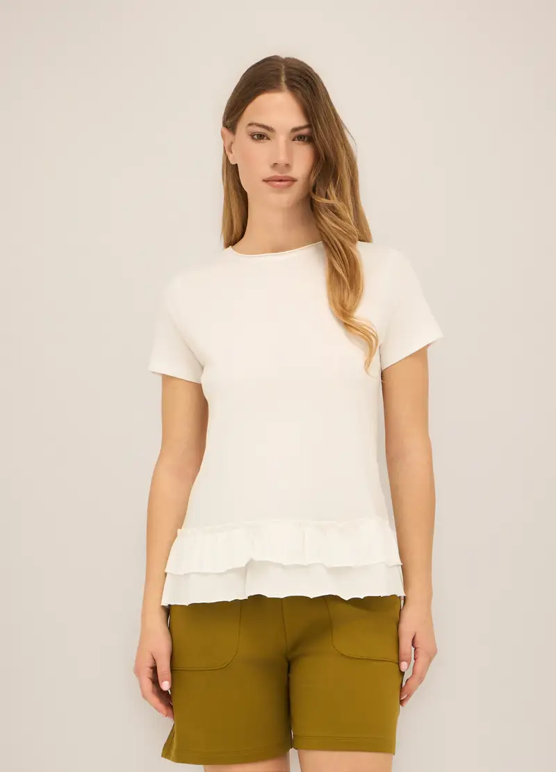 T-shirt In Jersey Di Puro Cotone Con Rouches Donna, Bianco gesso