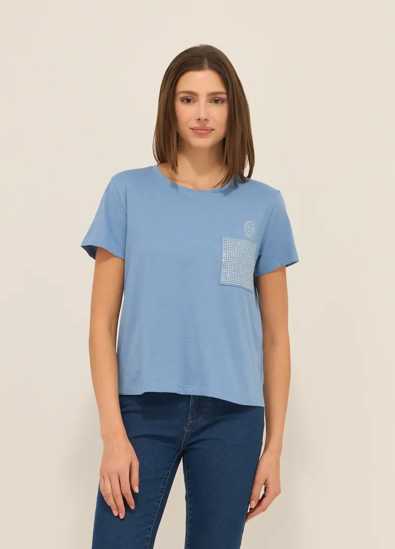 T-shirt In Jersey Di Puro Cotone Donna, Azzurro chiaro