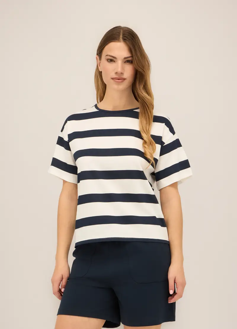 T-shirt In Jersey Di Puro Cotone Donna, Bianco/Blu
