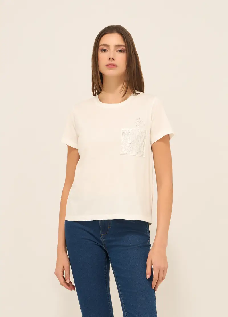 T-shirt In Jersey Di Puro Cotone Donna, Bianco gesso