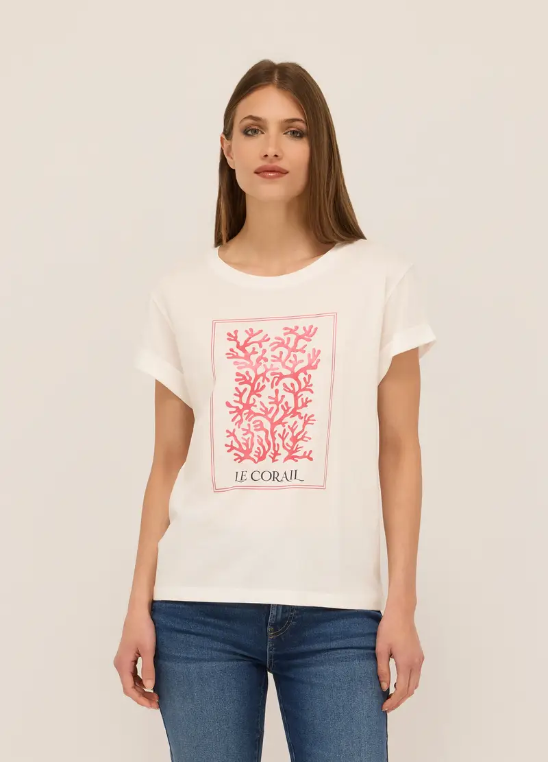 T-shirt In Jersey Di Puro Cotone Donna, Bianco gesso