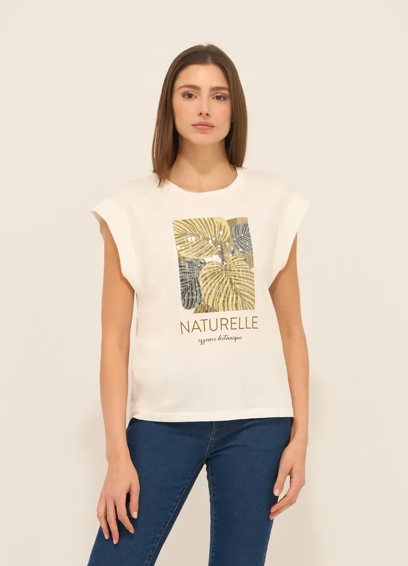 T-shirt In Jersey Di Puro Cotone Donna, Bianco gesso