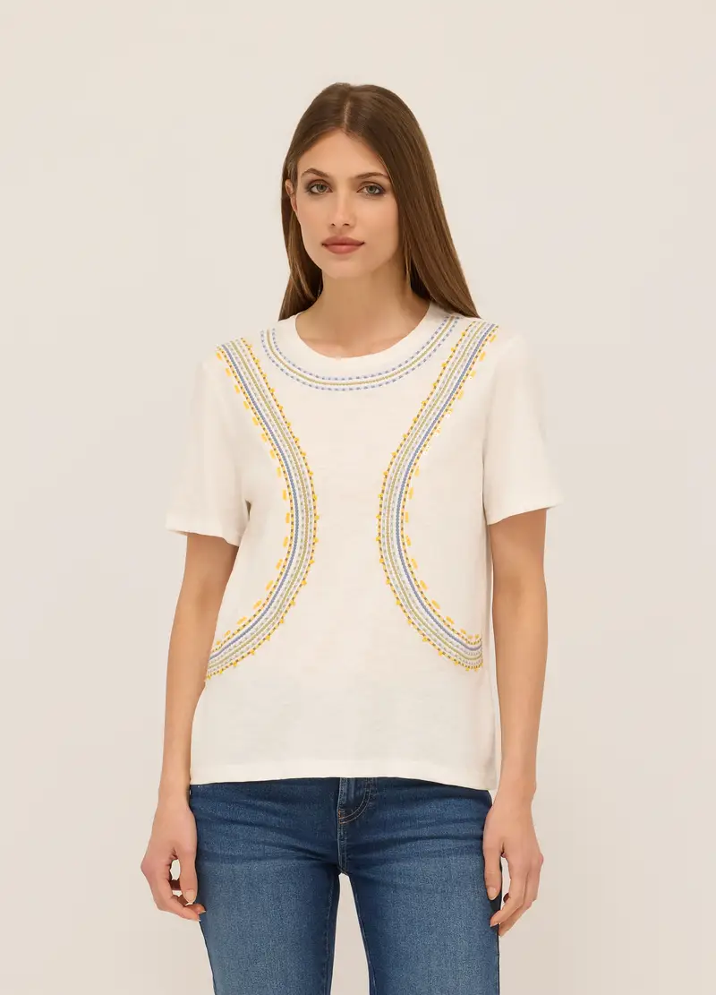 T-shirt In Jersey Di Puro Cotone Donna, Bianco gesso