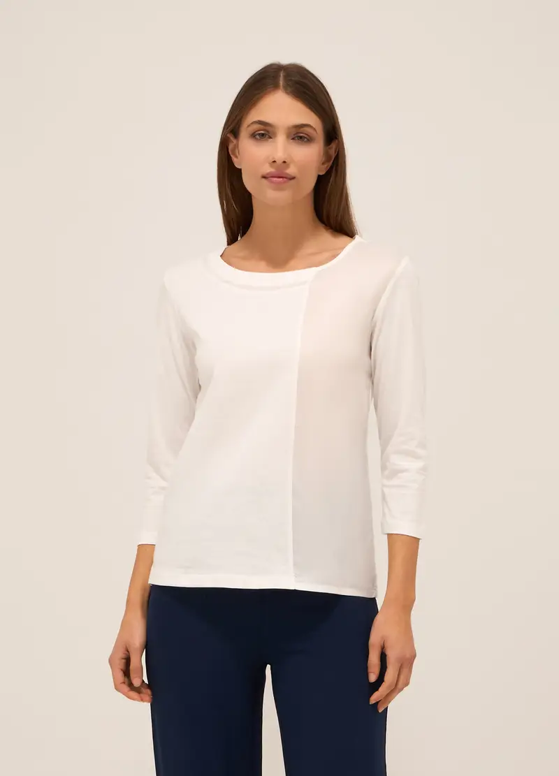 T-shirt In Jersey Di Puro Cotone Donna, Bianco gesso
