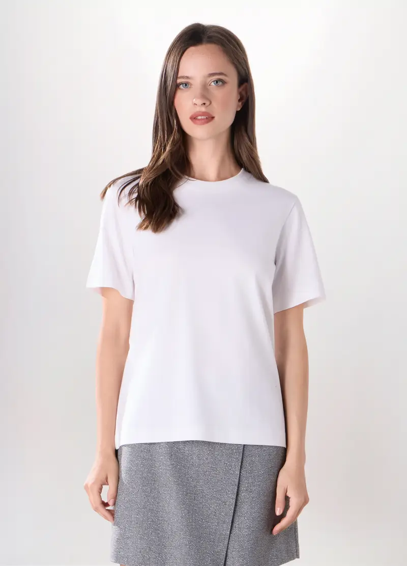 T-shirt In Jersey Di Puro Cotone Donna, Bianco gesso