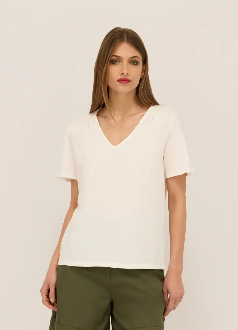 T-shirt In Jersey Di Puro Cotone Donna, Bianco panna