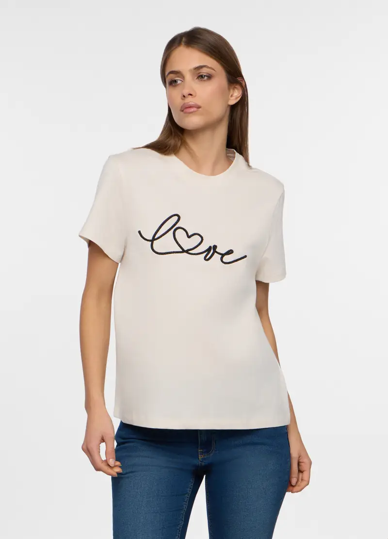T-shirt In Jersey Di Puro Cotone Donna, Bianco panna