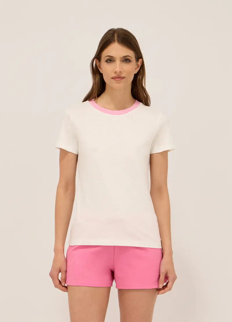 T-shirt In Jersey Di Puro Cotone Donna, Bianco/Rosa