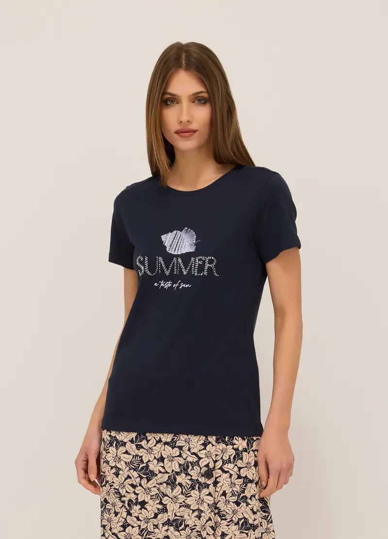 T-shirt In Jersey Di Puro Cotone Donna, Blu navy