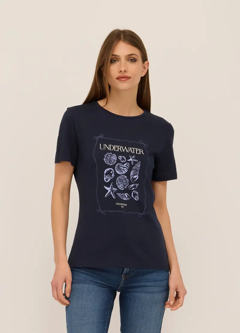 T-shirt In Jersey Di Puro Cotone Donna, Blu navy