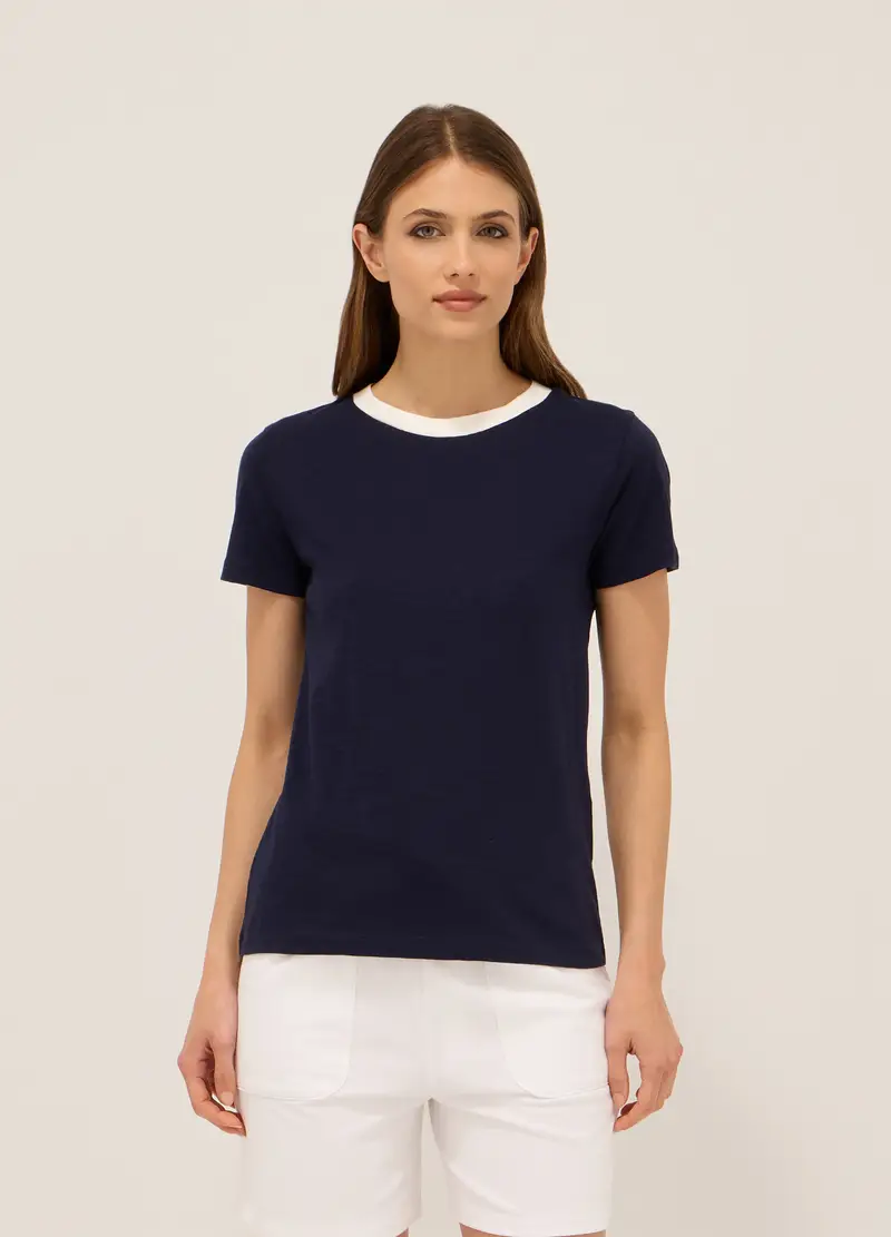 T-shirt In Jersey Di Puro Cotone Donna, Blu scuro