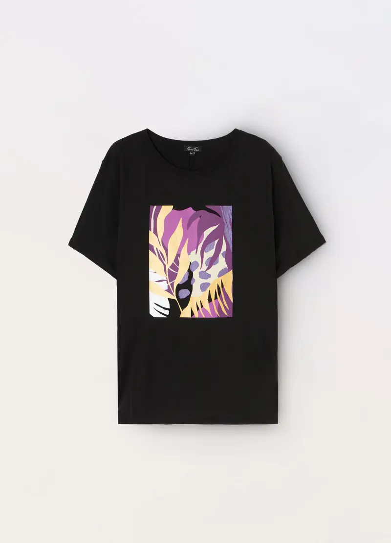 T-shirt In Jersey Di Puro Cotone Donna Curvy, Nero stampa 1