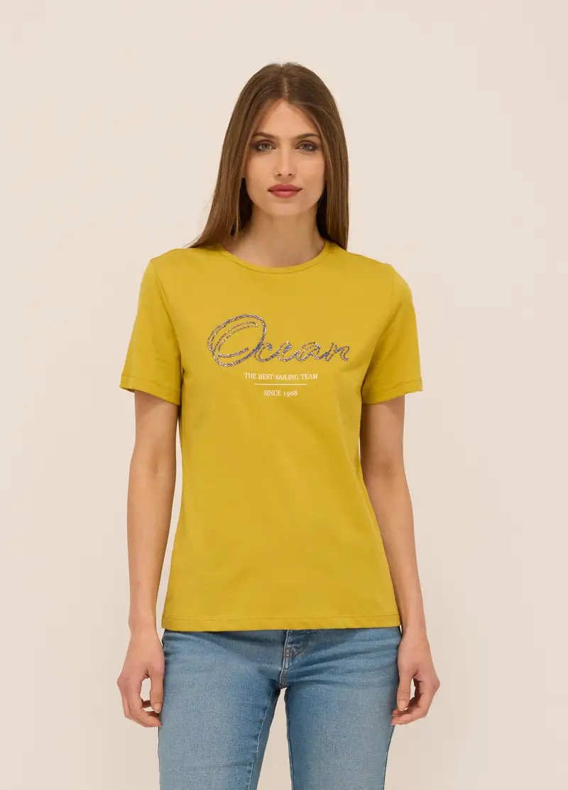 T-shirt In Jersey Di Puro Cotone Donna, Giallo ocra