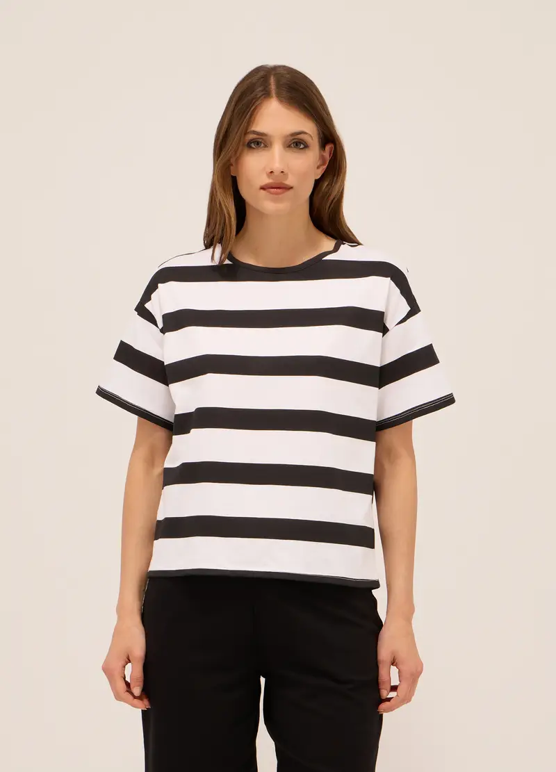 T-shirt In Jersey Di Puro Cotone Donna, Nero/Bianco