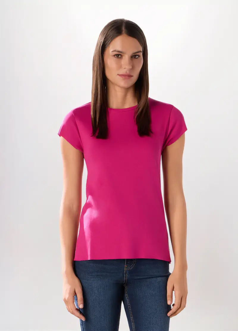 T-shirt In Jersey Di Puro Cotone Donna, Rosa fuxia
