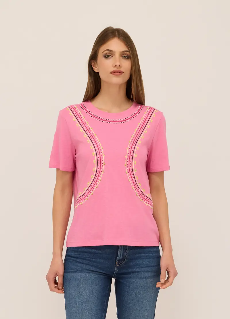 T-shirt In Jersey Di Puro Cotone Donna, Rosa pastello