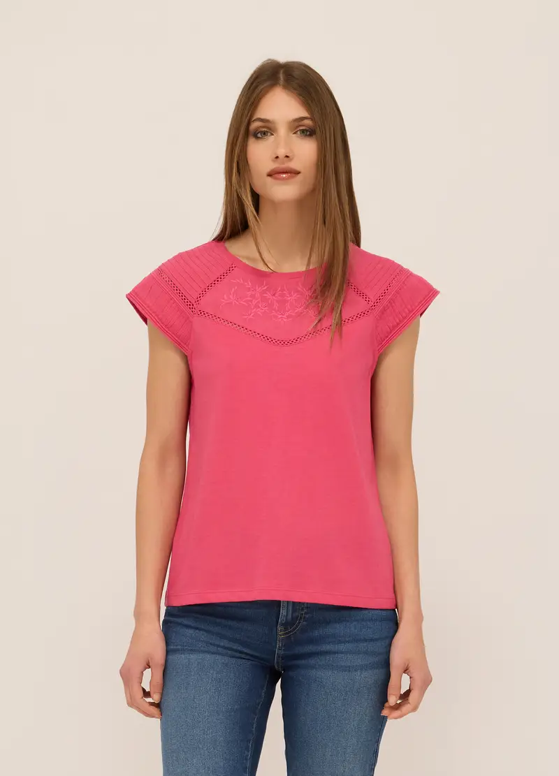 T-shirt In Jersey Di Puro Cotone Donna, Rosa scuro