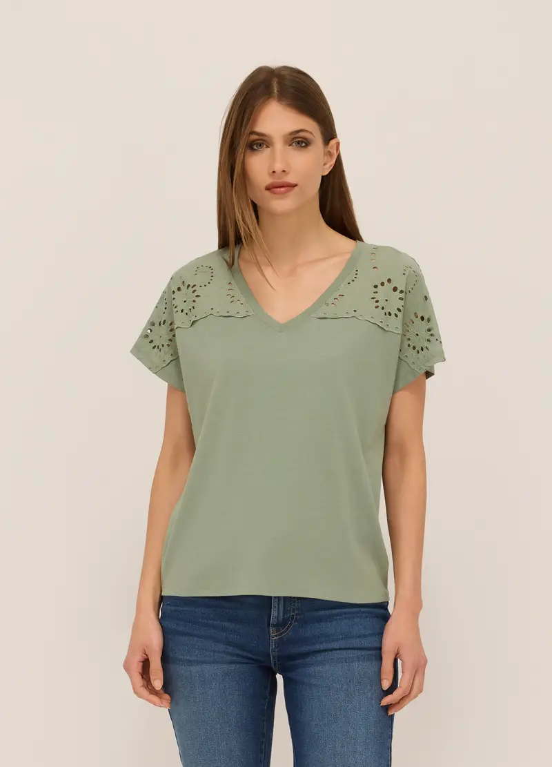 T-shirt In Jersey Di Puro Cotone Donna, Verde salvia