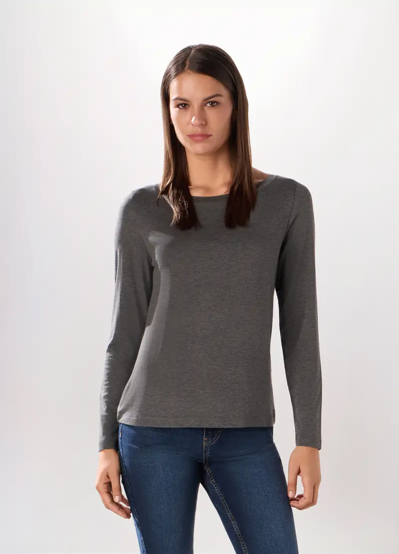 T-shirt In Jersey Di Viscosa Stretch Donna, Grigio scuro melange