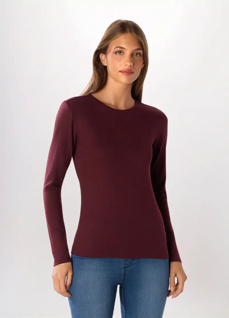 T-shirt In Jersey Misto Cotone Donna, Rosso scuro