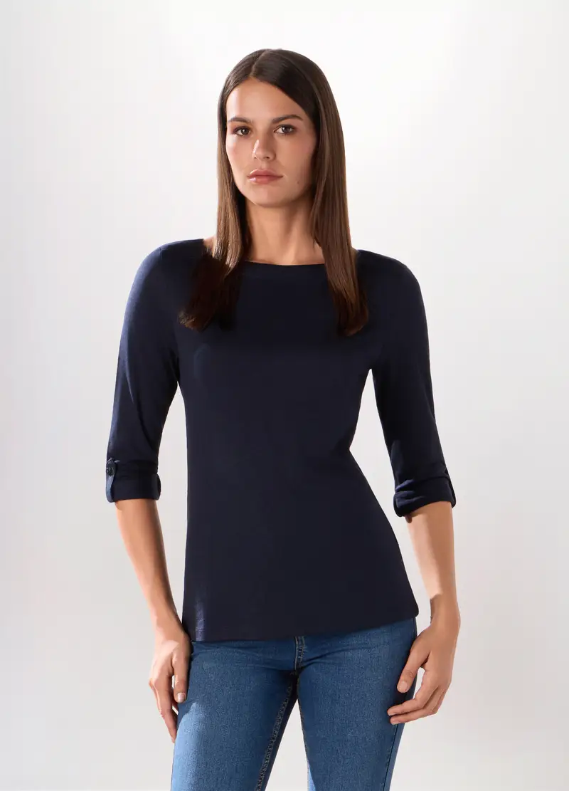 T-shirt In Jersey Slub Di Misto Cotone Donna, Blu Bluette