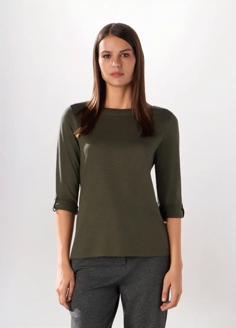 T-shirt In Jersey Slub Di Misto Cotone Donna, Verde scuro