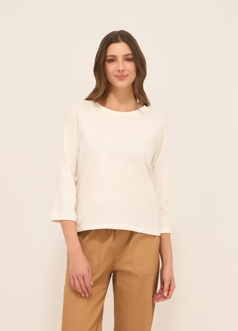 T-shirt In Jersey Slub Di Puro Cotone Donna, Bianco gesso