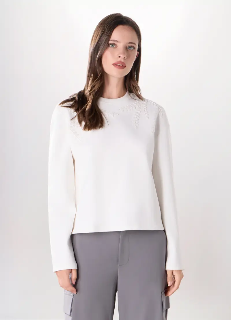 T-shirt In Misto Cotone Stretch Donna, Bianco gesso