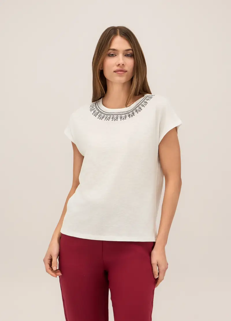 T-shirt In Puro Cotone Con Ricamo Donna, Bianco gesso