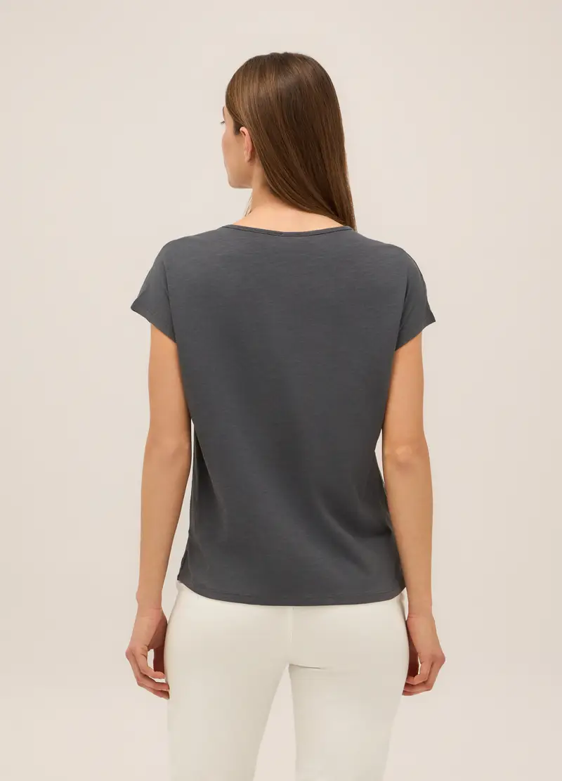 T-shirt In Puro Cotone Con Ricamo Donna, Grigio cenere miniatura 2