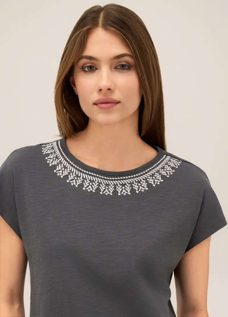 T-shirt In Puro Cotone Con Ricamo Donna, Grigio cenere miniatura 3