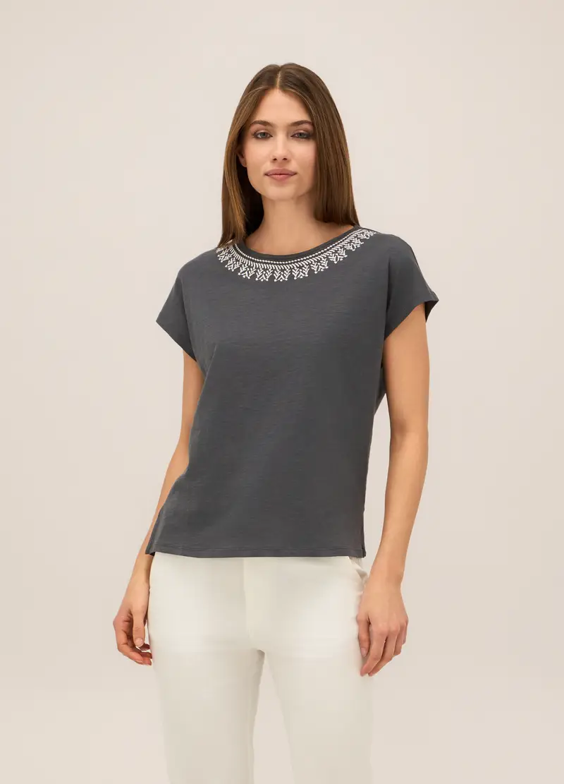 T-shirt In Puro Cotone Con Ricamo Donna, Grigio cenere
