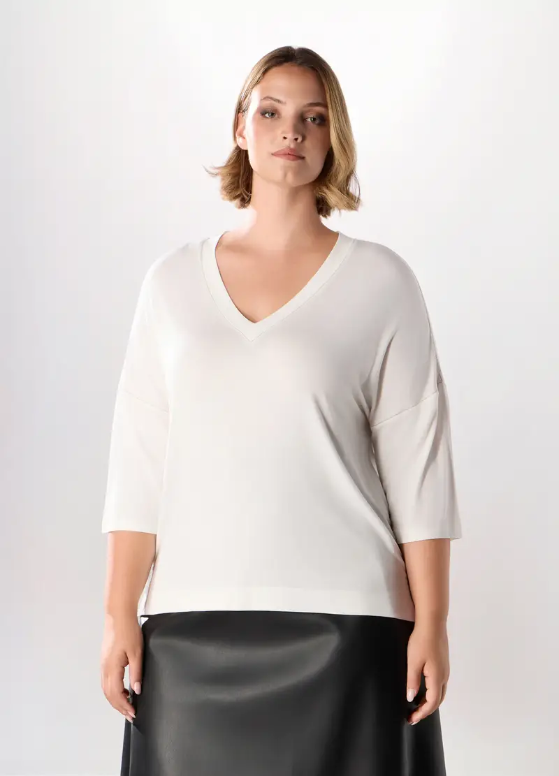 T-shirt In Viscosa Stretch Donna Curvy, Bianco panna