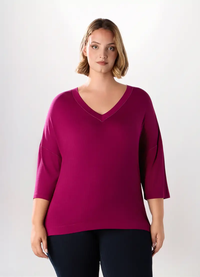 T-shirt In Viscosa Stretch Donna Curvy, Rosa lampone