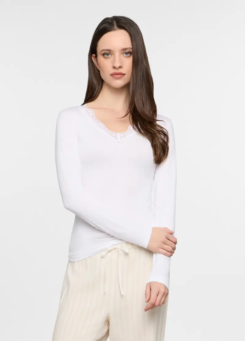 T-shirt Intima Con Scollo A V Stretch Donna, Bianco gesso