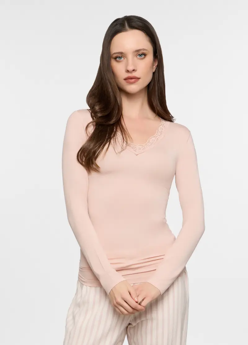 T-shirt Intima Con Scollo A V Stretch Donna, Rosa pastello