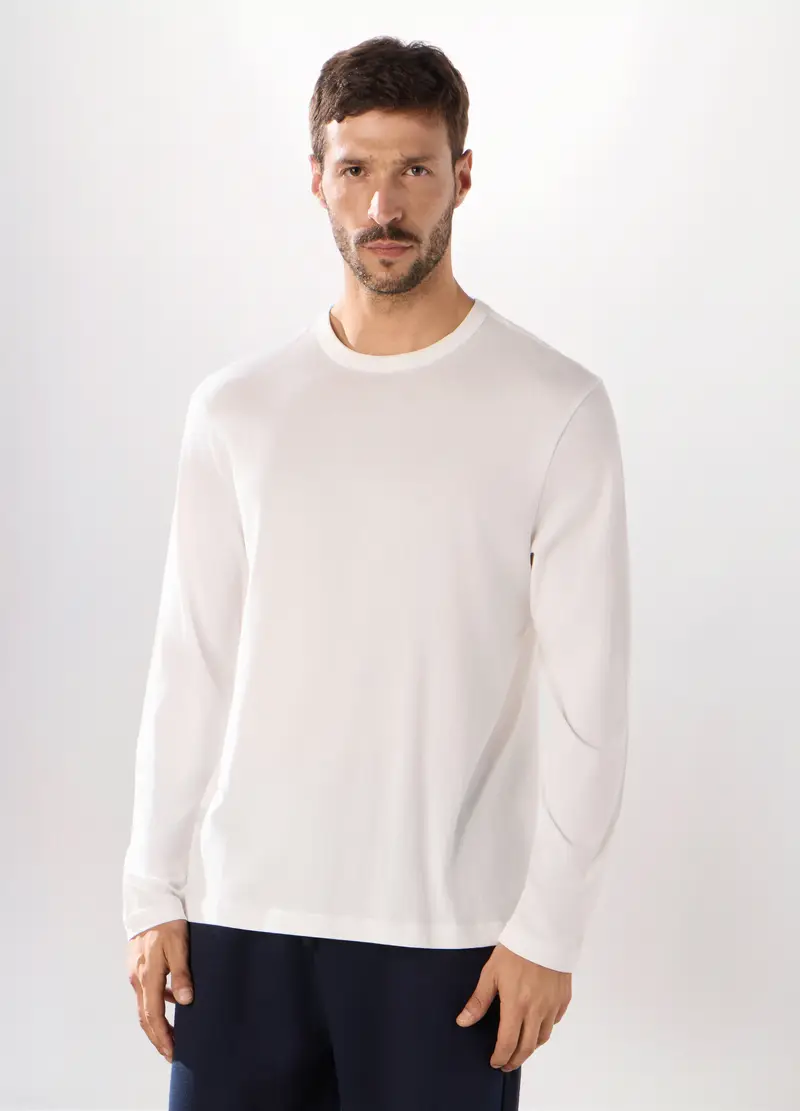T-shirt Maniche Lunghe In Cotone Uomo, Unisex, Bianco latte