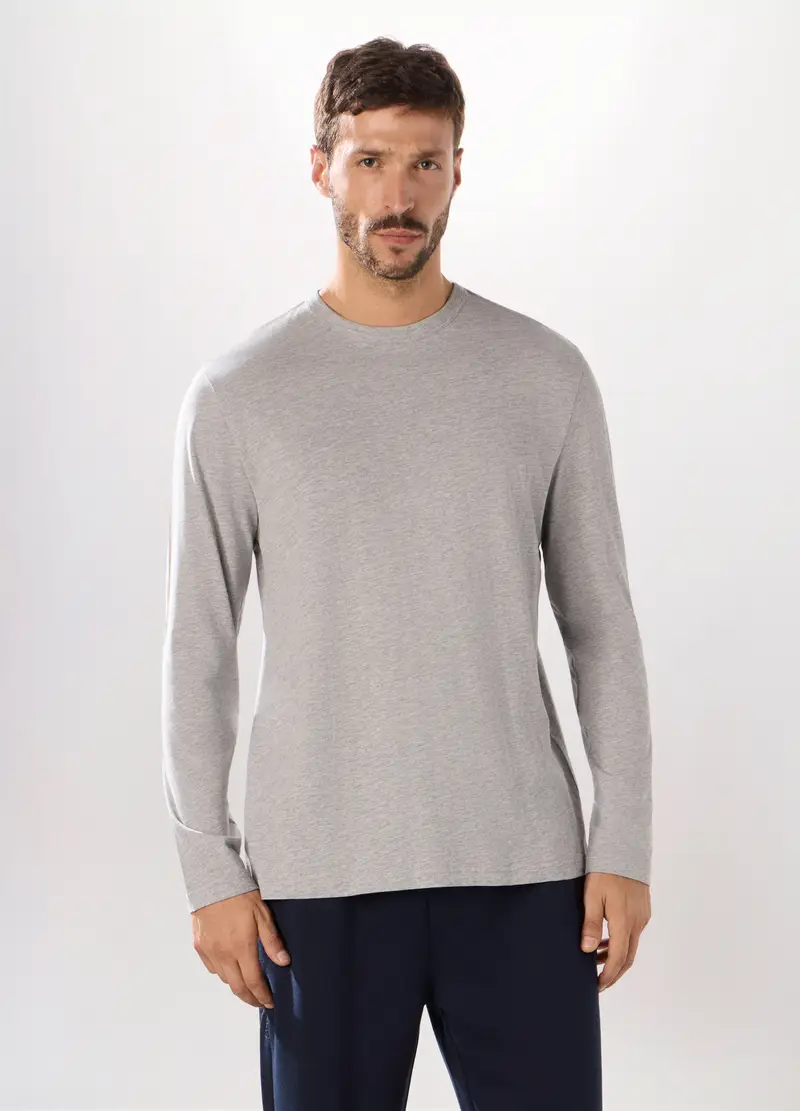T-shirt Maniche Lunghe In Cotone Uomo, Unisex, Grigio melange