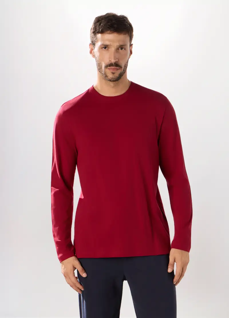 T-shirt Maniche Lunghe In Cotone Uomo, Unisex, Rosso ciliegia