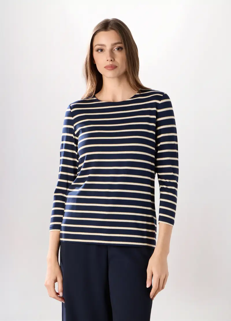 T-shirt Misto Viscosa A Righe Donna, Blu navy