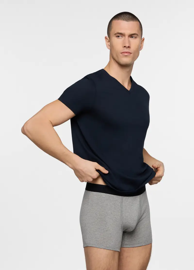 T-shirt Scollo A V In Jersey Di Puro Cotone Uomo, Blu scuro