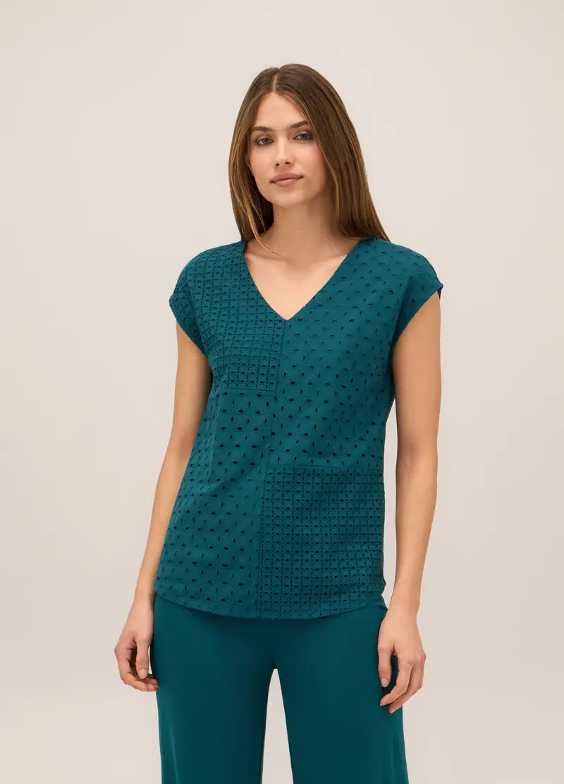 T-shirt Smanicata Misto Viscosa Donna, Verde ottanio