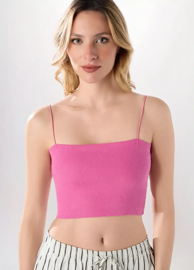 Top A Fascia In Costina Di Cotone Stretch Donna, Rosa pastello miniatura 3