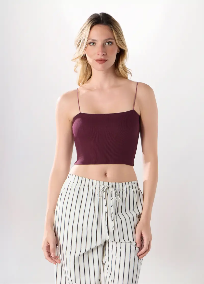 Top A Fascia In Costina Di Cotone Stretch Donna, Rosso bordeaux