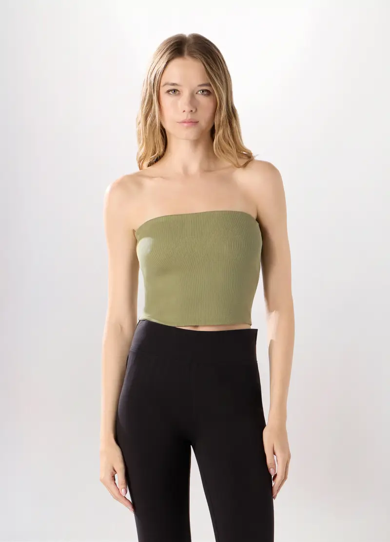 Top A Fascia In Costina Di Cotone Stretch Donna, Verde oliva