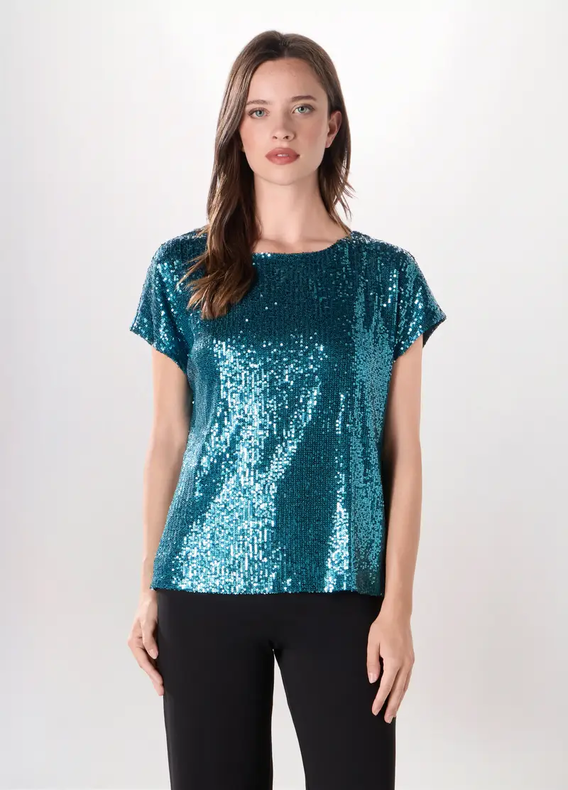 Top Con Paillettes Donna, Azzurro celeste