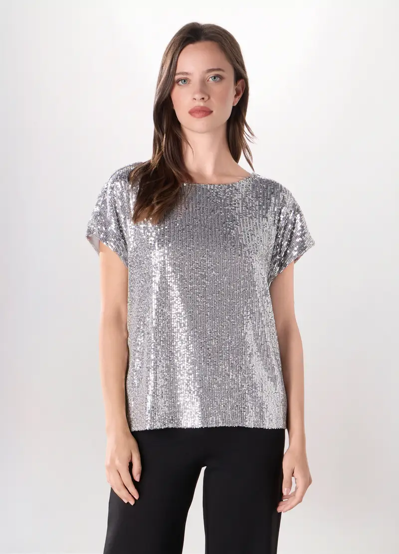 Top Con Paillettes Donna, Grigio argento