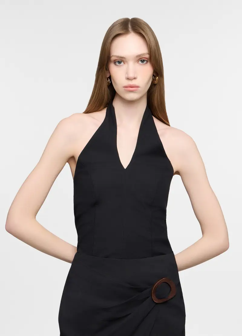 Top Fitted Misto Lino Donna, Nero